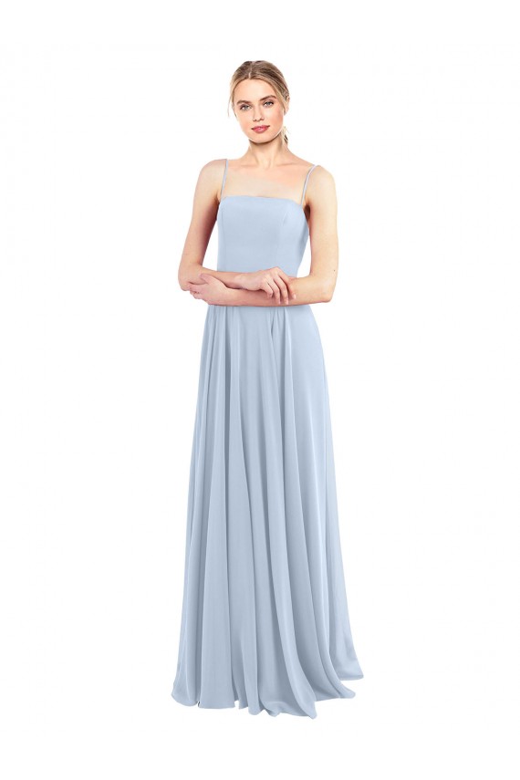 Billigste Helles Himmelblau A-Linien Spaghetti-Träger Quadrat Ausschnitt Chiffon Lange Brautjungfernkleider