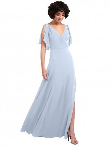Billigste Helles Himmelblau A-Linien V-Ausschnitt Chiffon Lange Brautjungfernkleider