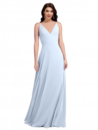 Billigste Helles Himmelblau A-Linien V-Ausschnitt Chiffon Lange Brautjungfernkleider