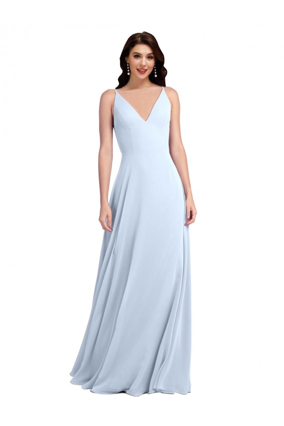 Billigste Helles Himmelblau A-Linien V-Ausschnitt Chiffon Lange Brautjungfernkleider