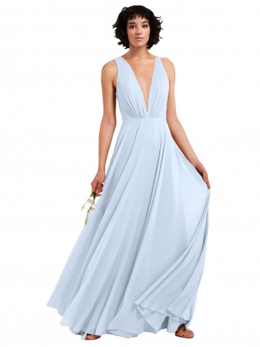 Billigste Helles Himmelblau A-Linien V-Ausschnitt Chiffon Lange Brautjungfernkleider