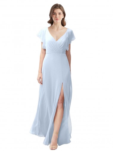 Billigste Helles Himmelblau A-Linien V-Ausschnitt Chiffon Lange Brautjungfernkleider