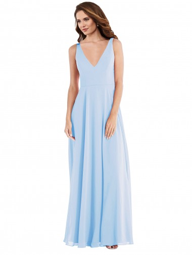 Billigste Helles Himmelblau A-Linien V-Ausschnitt Chiffon Lange Brautjungfernkleider