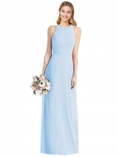 Billigste Helles Himmelblau Trompete Neckholder Chiffon Lange Brautjungfernkleider