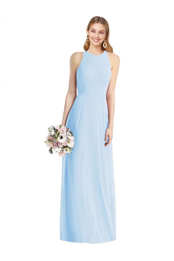Billigste Helles Himmelblau Trompete Neckholder Chiffon Lange Brautjungfernkleider
