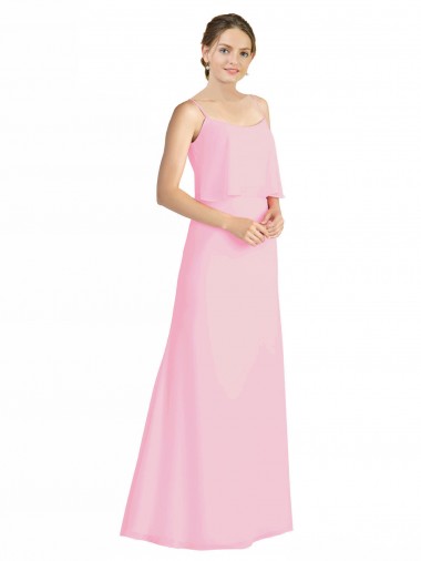 Billigste Kaum Rosa A-Linien Spaghetti-Träger Chiffon Lange Brautjungfernkleider
