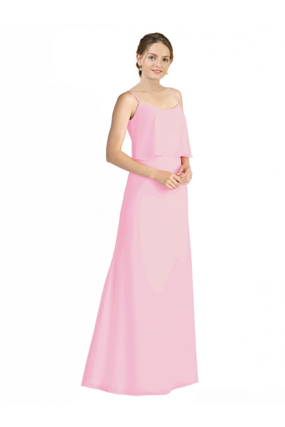 Billigste Kaum Rosa A-Linien Spaghetti-Träger Chiffon Lange Brautjungfernkleider