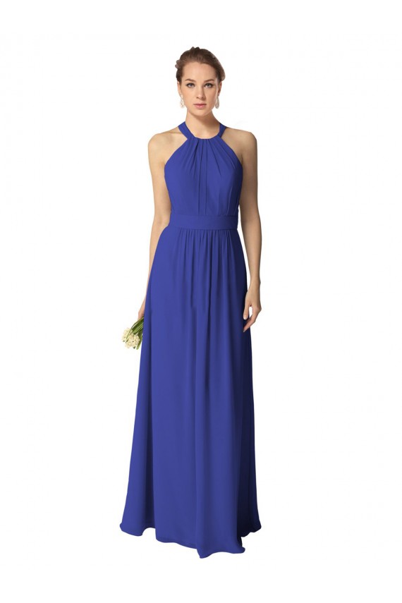 Billigste Königsblau A-Linien Neckholder Chiffon Lange Brautjungfernkleider