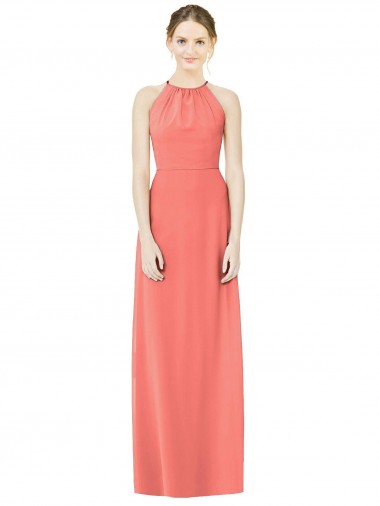 Billigste Koralle A-Linien Neckholder Chiffon Lange Brautjungfernkleider