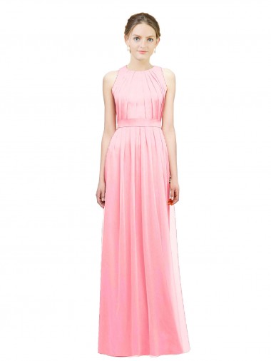 Billigste Lachs A-Linien Neckholder Chiffon Lange Brautjungfernkleider