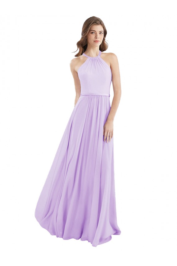 Billigste Lila A-Linien Neckholder Chiffon Lange Brautjungfernkleider