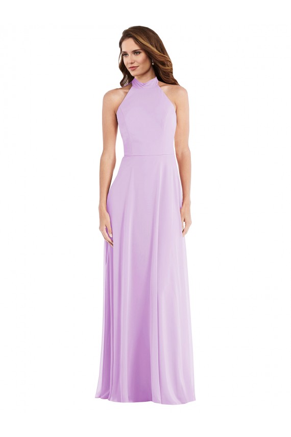 Billigste Lila A-Linien Neckholder Chiffon Lange Brautjungfernkleider