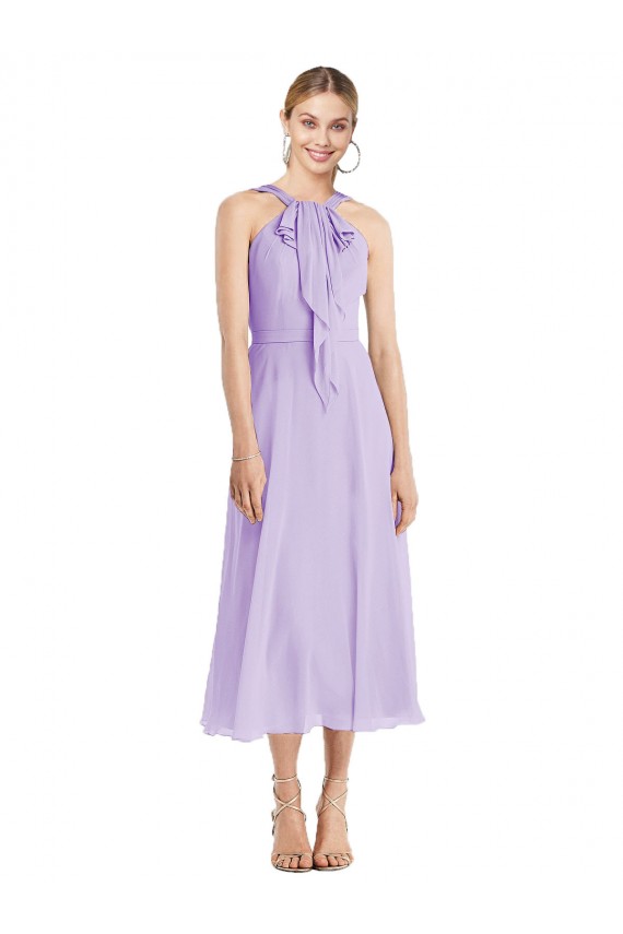 Billigste Lila A-Linien Neckholder Wadenlang Chiffon Kurze Brautjungfernkleider / Cocktailkleider