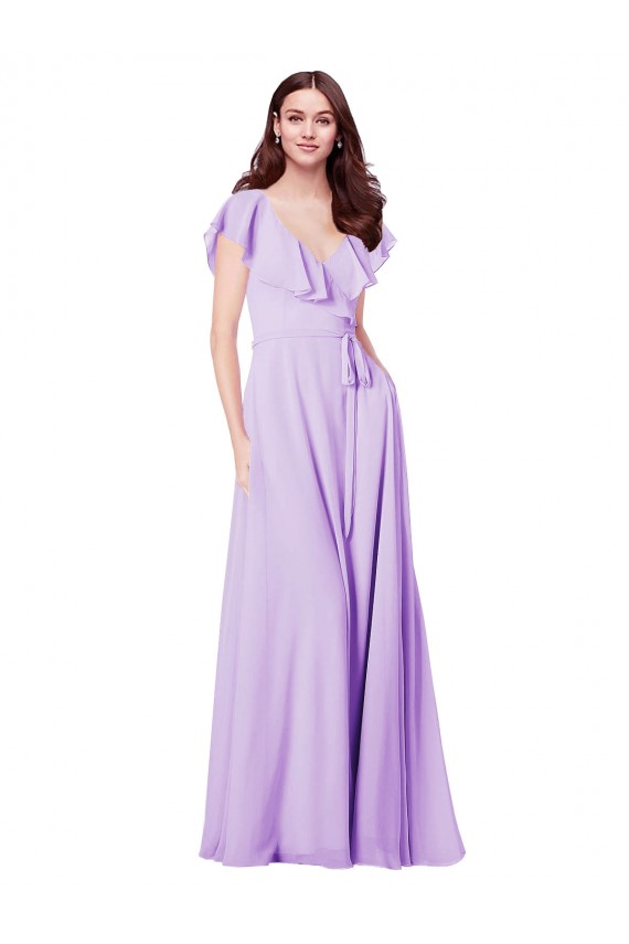 Billigste Lila A-Linien V-Ausschnitt Chiffon Lange Brautjungfernkleider