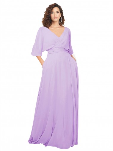 Billigste Lila A-Linien V-Ausschnitt Chiffon Lange Brautjungfernkleider