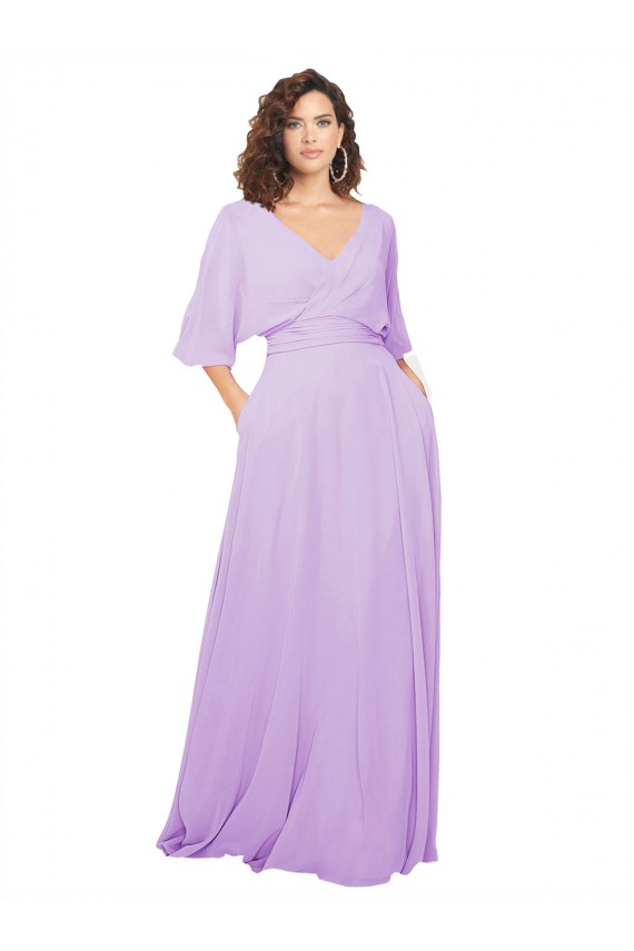 Billigste Lila A-Linien V-Ausschnitt Chiffon Lange Brautjungfernkleider