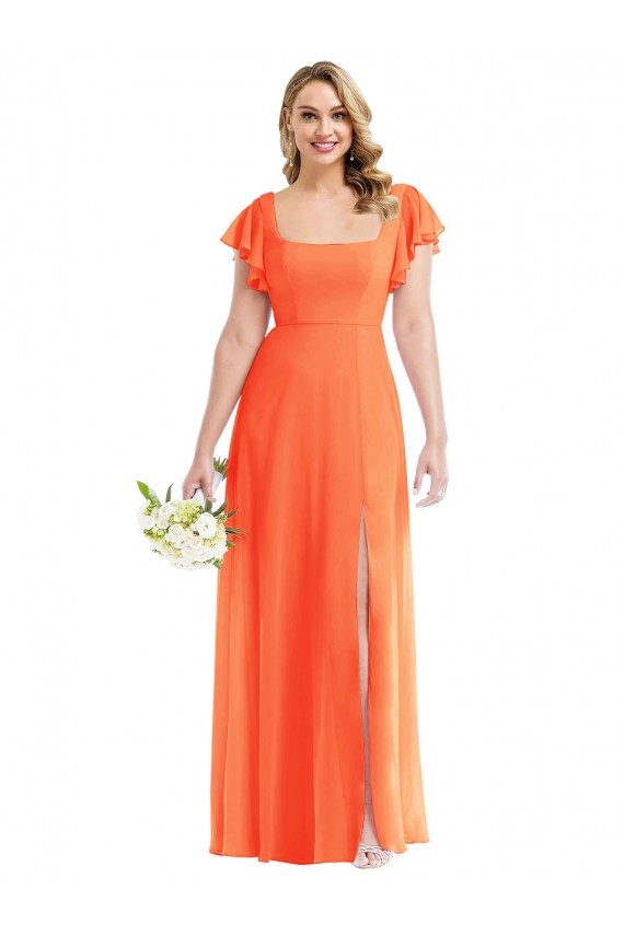 Billigste Mandarinen-Tango A-Linien Quadrat Ausschnitt Chiffon Lange Brautjungfernkleider