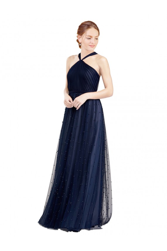 Billigste Marineblau 21 A-Linien Neckholder Tüll Lange Brautjungfernkleider