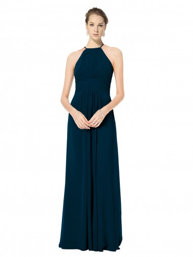 Billigste Mitternachtsgrün A-Linien Spaghetti-Träger Neckholder Chiffon Lange Brautjungfernkleider