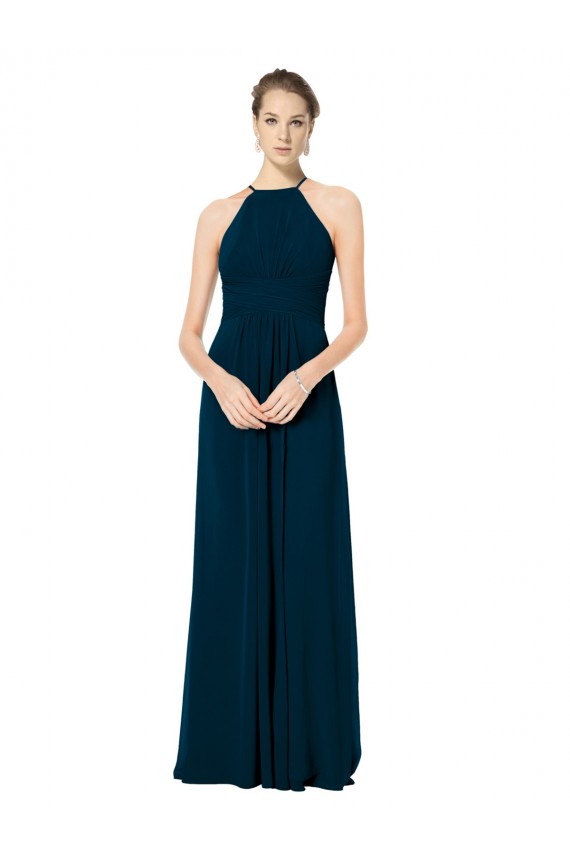 Billigste Mitternachtsgrün A-Linien Spaghetti-Träger Neckholder Chiffon Lange Brautjungfernkleider