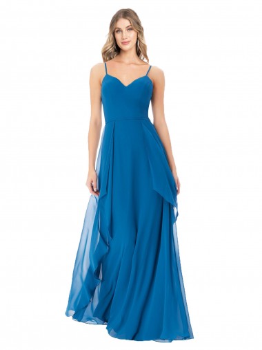 Billigste Pfauenblau A-Linien Spaghetti-Träger Chiffon Lange Brautjungfernkleider