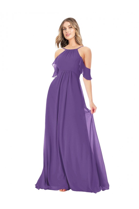 Billigste Pflaume Lila A-Linien Off-Schulter Stehkragen Ausschnitt Chiffon Lange Brautjungfernkleider