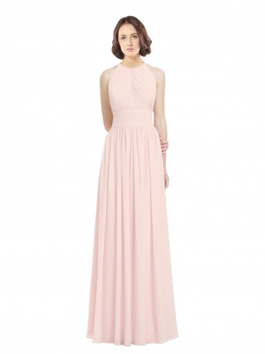 Billigste Rosa 42 A-Linien Neckholder Chiffon Lange Brautjungfernkleider