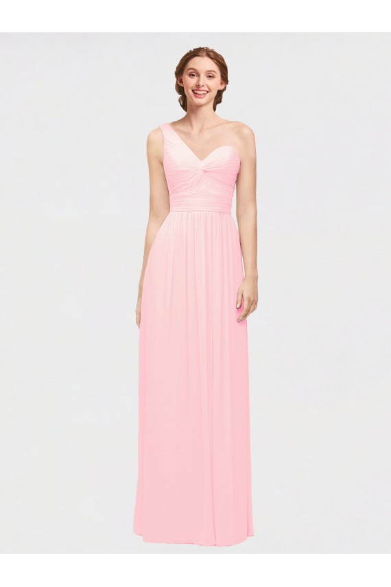 Billigste Rosa A-Linien Eine-Schulter Chiffon Lange Brautjungfernkleider