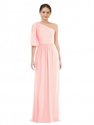 Billigste Rosa A-Linien Eine-Schulter Chiffon Lange Brautjungfernkleider