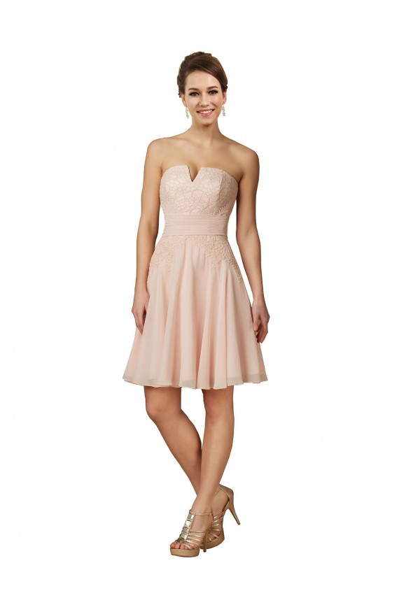 Billigste Rosa A-Linien Knielang Chiffon Spitze Kurze Brautjungfernkleider / Cocktailkleider