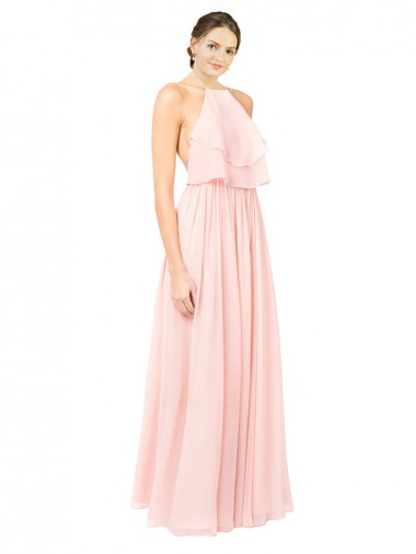 Billigste Rosa A-Linien Neckholder Chiffon Lange Brautjungfernkleider