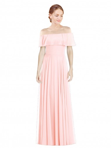 Billigste Rosa A-Linien Off-Schulter Quadrat Ausschnitt Chiffon Lange Brautjungfernkleider