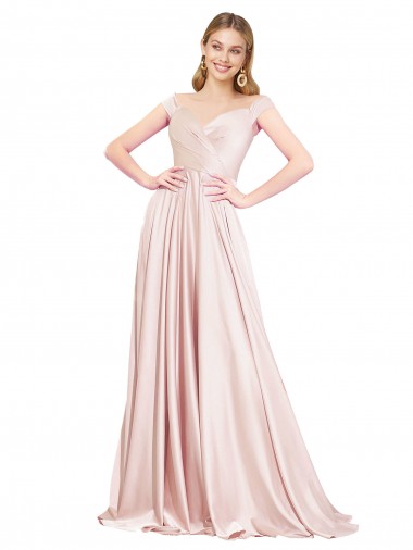 Billigste Rosa A-Linien Off-Schulter Satin Lange Formale Brautjungfernkleider / Abendkleider / Abiballkleider