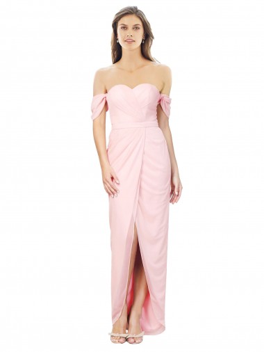 Billigste Rosa A-Linien Off-Schulter Trägerlos Chiffon Lange Brautjungfernkleider