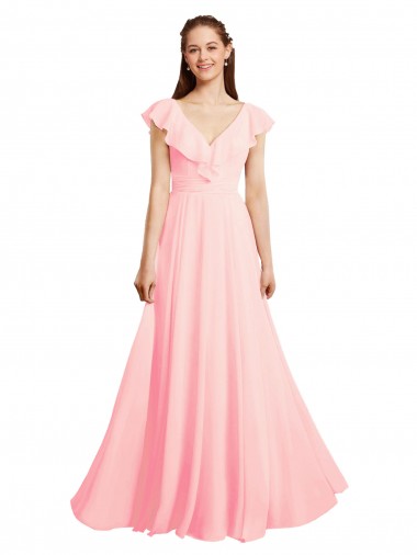 Billigste Rosa A-Linien V-Ausschnitt Chiffon Lange Brautjungfernkleider
