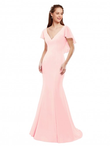 Billigste Rosa Meerjungfrau V-Ausschnitt Chiffon Lange Brautjungfernkleider