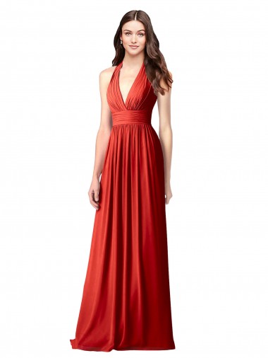 Billigste Rot A-Linien Neckholder V-Ausschnitt Chiffon Lange Brautjungfernkleider