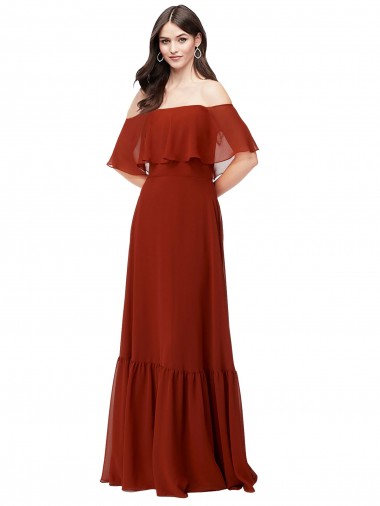 Billigste Rot A-Linien Off-Schulter Chiffon Lange Brautjungfernkleider