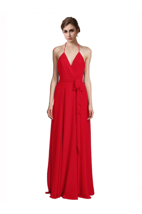 Billigste Rot A-Linien Spaghetti-Träger Neckholder V-Ausschnitt Chiffon Lange Brautjungfernkleider