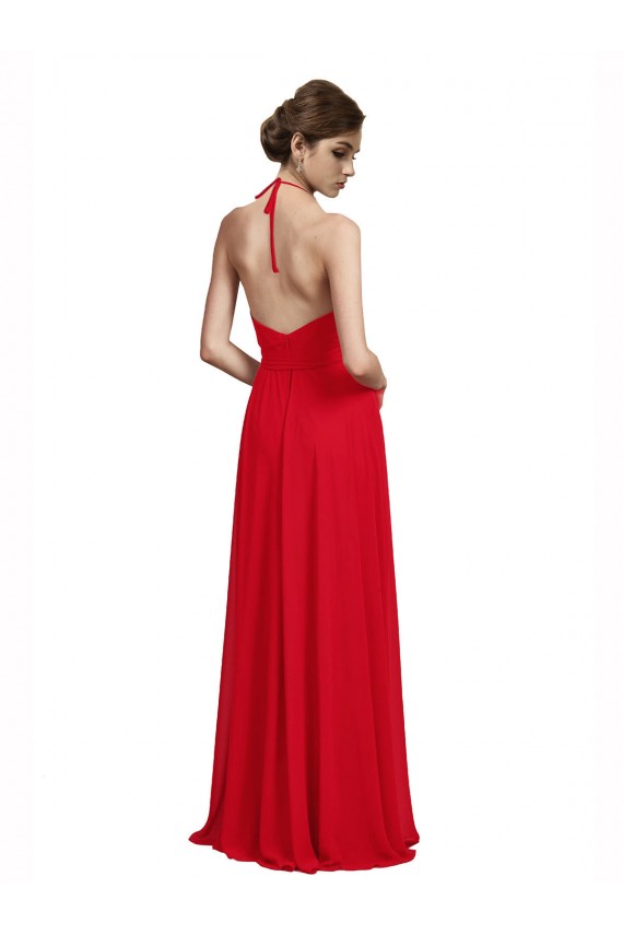 Billigste Rot A-Linien Spaghetti-Träger Neckholder V-Ausschnitt Chiffon Lange Brautjungfernkleider