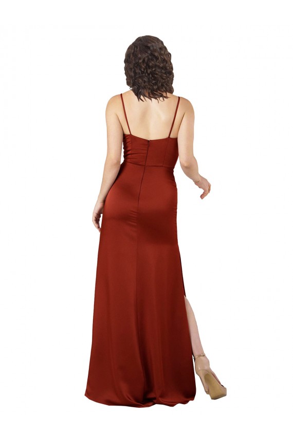 Billigste Rot A-Linien Spaghetti-Träger Quadrat Ausschnitt Seidiger Satin Lange Formale Brautjungfernkleider / Abendkleider / Abiballkleider