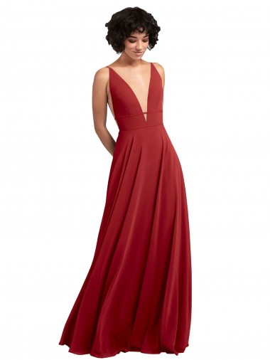 Billigste Rot A-Linien V-Ausschnitt Chiffon Lange Brautjungfernkleider