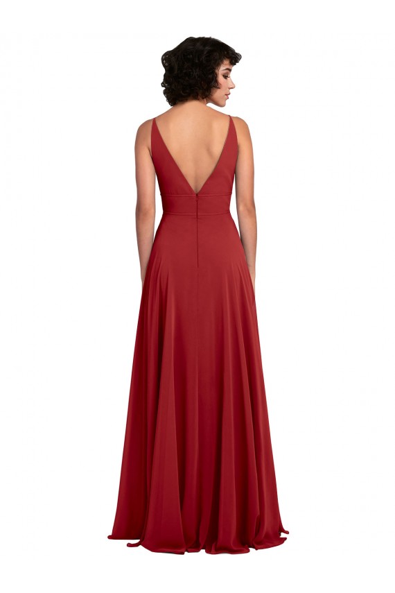 Billigste Rot A-Linien V-Ausschnitt Chiffon Lange Brautjungfernkleider