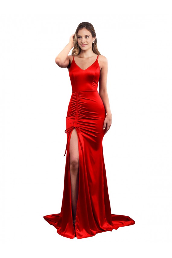 Billigste Rot Meerjungfrau Stretch-Satin Lange Formale Brautjungfernkleider / Abendkleider / Abiballkleider