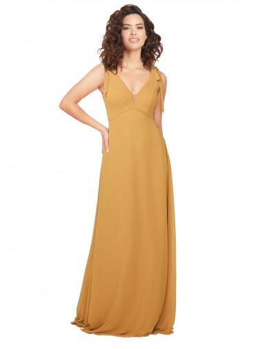 Billigste Safran A-Linien V-Ausschnitt Chiffon Lange Brautjungfernkleider