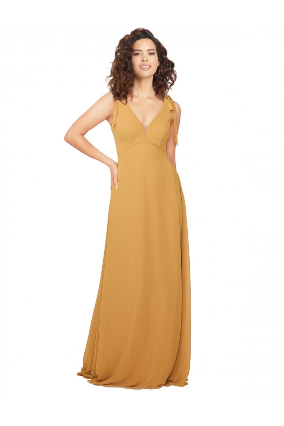 Billigste Safran A-Linien V-Ausschnitt Chiffon Lange Brautjungfernkleider