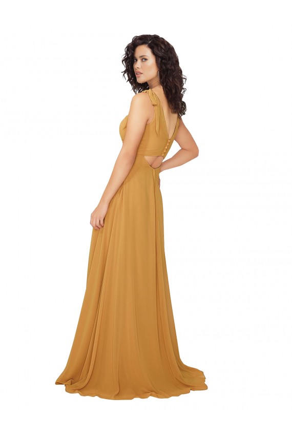 Billigste Safran A-Linien V-Ausschnitt Chiffon Lange Brautjungfernkleider