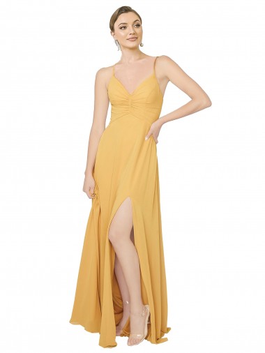 Billigste Safran A-Linien V-Ausschnitt Chiffon Lange Brautjungfernkleider