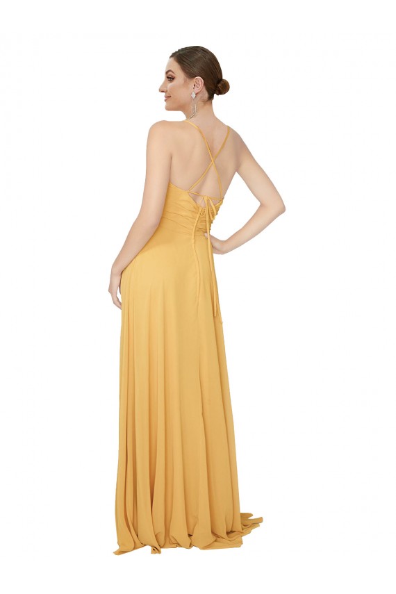 Billigste Safran A-Linien V-Ausschnitt Chiffon Lange Brautjungfernkleider
