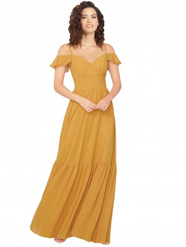 Billigste Safran A-Linien V-Ausschnitt Chiffon Lange Brautjungfernkleider